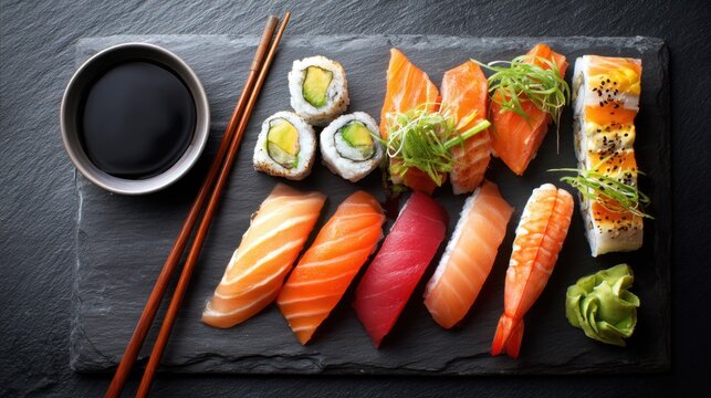 Fresh sushi set with different types of rolls, nigiri, and maki on a slate plate, served with soy sauce, wasabi, and ginger for a delicious meal.