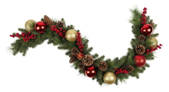 Elegant Festive Christmas Garland with Red Gold Ornaments Berries Pinecones on a transparent background, PNG image, PNG file
