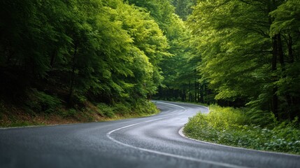 Fototapeta premium Winding asphalt road through a lush green forest. Curve in green summer woodland. Concept of travel, journey, nature, and adventure.