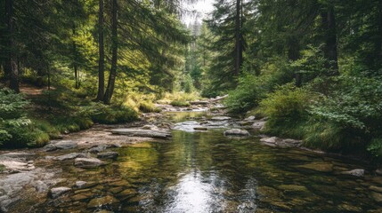 Obraz premium Rocky river flowing through a lush, green forest with tall trees and sunlit foliage. Serene nature scene for outdoor adventure and relaxation.
