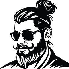 Obraz premium Monochrome stylish man with sunglasses and bun hairstyle looks forward intently, a minimalist design