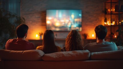 Naklejka premium Family watching movie together on television. People relaxing on a sofa in a dark room. Home entertainment and leisure time.