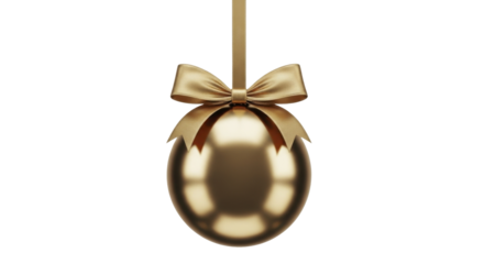 Golden hanging Christmas egg ornament with ribbon and bow on a transparent background PNG image