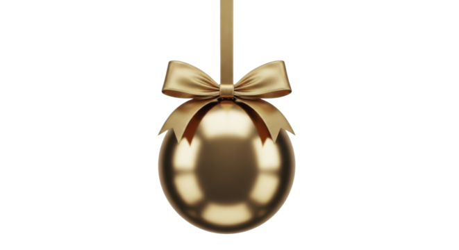 Golden hanging Christmas egg ornament with ribbon and bow on a transparent background PNG image