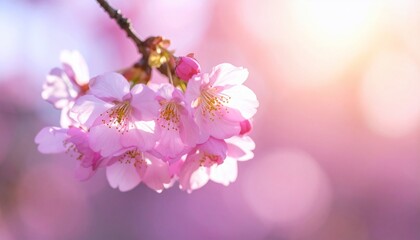 Close-up shot of cherry blossoms bathed in soft sunlight creating an aesthetic background