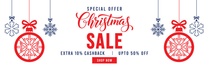 Special Offer Christmas Sale banner with elegant red script lettering, festive hanging ornaments, and snowflakes. Features 'Extra 10% Cashback' and 'Upto 50% Off' text with a red 'Shop Now' button, id