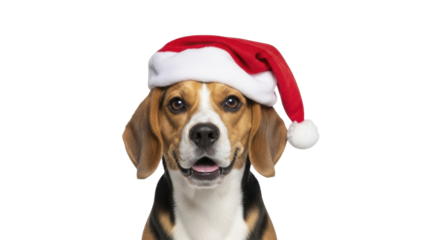 Beagle dog wearing Santa hat on a transparent background PNG image PNG file isolated on white