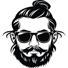 Monochromatic man with beard, mustache, and sunglasses sporting a stylish topknot hairstyle