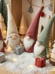 Cozy Christmas Gnomes with Gifts and Fairy Lights in a Snowy Winter Scene