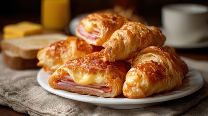 Freshly baked croissant sandwich with ham and melted cheese on a white plate. Delicious breakfast or snack food in an inviting home setting.