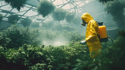 Person in protective suit spraying mist on green plants in a greenhouse cultivates and protects plants. Agriculture, farming concept.