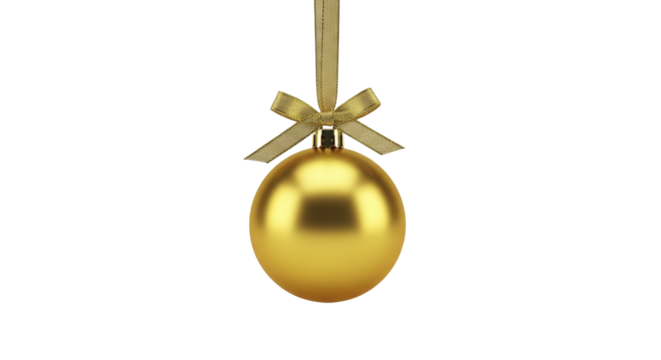 Elegant Gold Metallic Christmas Bauble with Ribbon on a transparent background PNG file