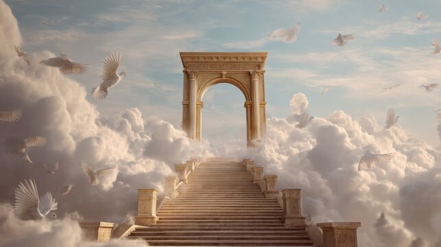 Stairway to Heaven illustration with arch and white dove bird on fluffy cloud. Spiritual journey or afterlife concept. Dreamy ethereal scene.