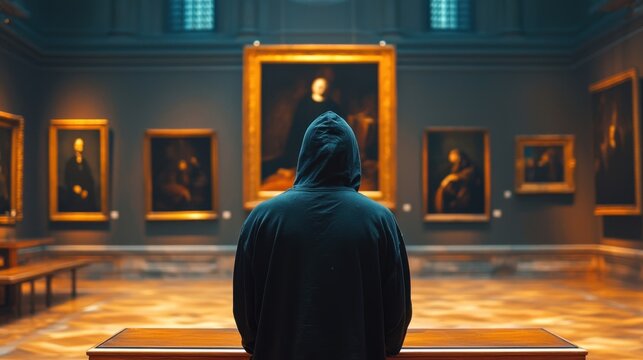 Man in a hoodie appreciating a painting in an art gallery. Cultural experience and education through classical art exhibition for tourism and leisure.