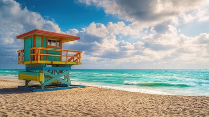 Colorful lifeguard station house on a sandy beach next to the blue ocean under a cloudy sky. Summer vacation and travel concept.
