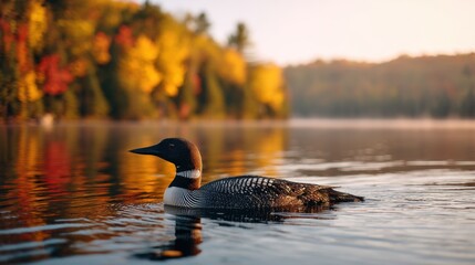 Common loon swimming on a calm lake with vibrant autumn foliage in the background. Wildlife and nature concept for environmental photography.