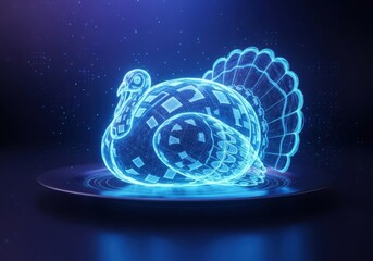 A glowing blue digital turkey rendered as a holographic wireframe on a dark background, representing futuristic holiday concepts