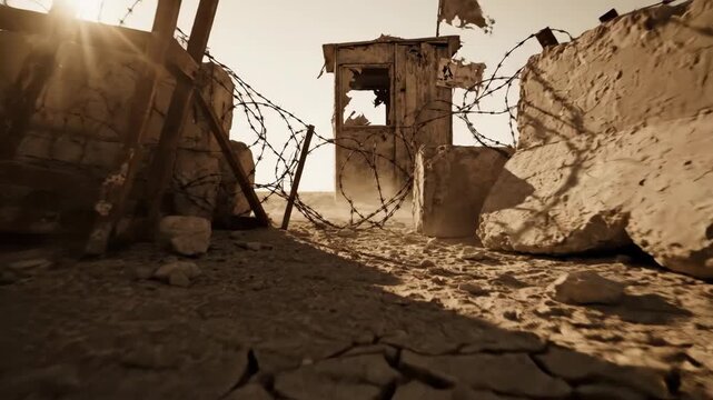 Post-apocalyptic wasteland outpost with barbed wire fence and ruined wooden guard post. Dusty desert ruins under overcast sky. Dystopian survival boundary in abandoned world.