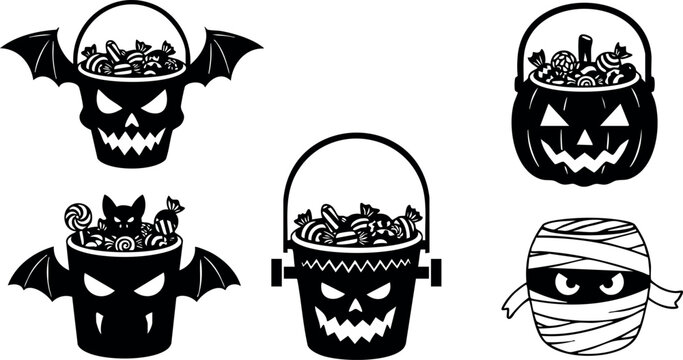 Halloween candy buckets with skull pumpkin and mummy designs vector illustration black and white spooky treat containers