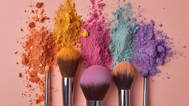 Makeup brushes with scattered vibrant cosmetic powder. Beauty product concept for design element, advertisement, or makeup artistry blog.
