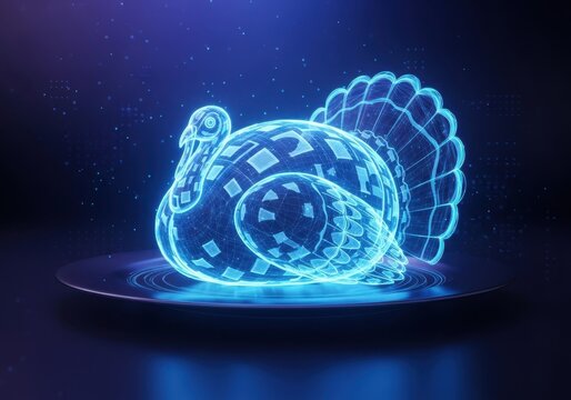 A glowing blue digital turkey rendered as a holographic wireframe on a dark background, representing futuristic holiday concepts