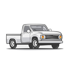 Classic White Pickup Truck Illustration, Front View, Retro Style Graphic Design.