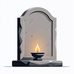 Stone memorial monument with burning candle in soft illustrated style, gray colors, remembrance