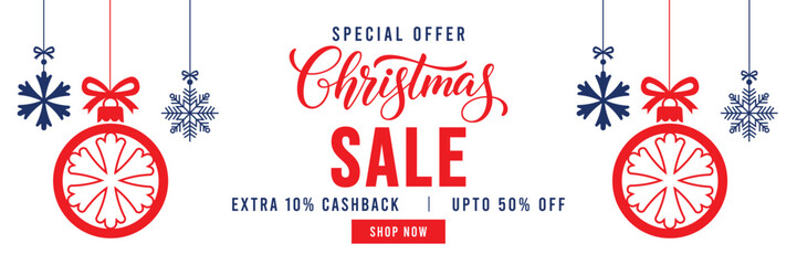 Special Offer Christmas Sale banner with elegant red script lettering, festive hanging ornaments, and snowflakes. Features 'Extra 10% Cashback' and 'Upto 50% Off' text with a red 'Shop Now' button, id