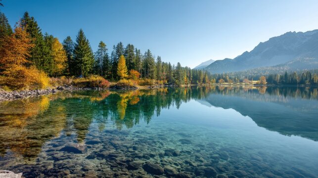Scenic mountain lake with clear water and autumn forest reflected on calm surface. Beautiful nature landscape for travel and tourism banner.