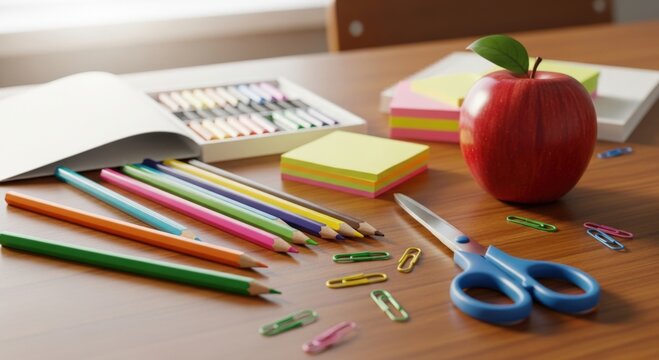 Colorful school supplies including crayons, pencils, sticky notes, red apple, and scissors arranged on wooden desk for first day of school, cheerful education preparation scene