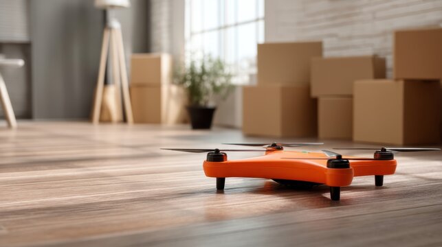 Orange drone on wooden floor with moving boxes background. Modern technology for delivery or real estate photography application.