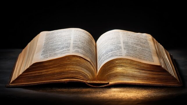 Open old book with gilded pages on dark background. Vintage literature for reading and knowledge concept. Classic religious text or antique dictionary.