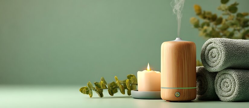 Essential oil diffuser aromatherapy spa wellness relaxation zen candle towels leaf - Powered by Adobe