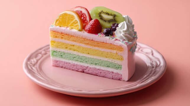 Slice of colorful rainbow cake with fruit toppings on pink plate. Sweet dessert for celebration, party, or special occasion.