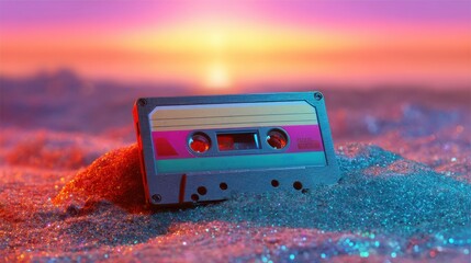 Retro audio cassette on shimmering sand under a sunset sky. Vintage music player for nostalgia and beach party concept.