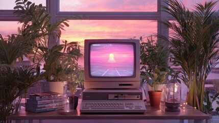 Vintage computer with retro aesthetic wallpaper on screen near window with plants at sunset. Nostalgia and futuristic digital art concept.