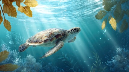 Obraz premium Sea turtle swimming in blue ocean with sun rays. Underwater scene with marine life and natural light. Design element for nature conservation concept.