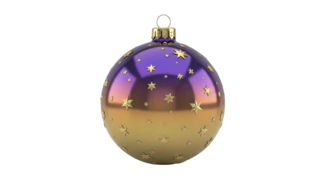 Reflective Christmas ornament with gold stars, purple and gold gradient, on a transparent background, PNG image, PNG file - Powered by Adobe