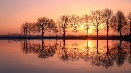 Row of bare trees mirroring in calm water during a colorful sunrise or sunset, creating a serene and reflective natural landscape.