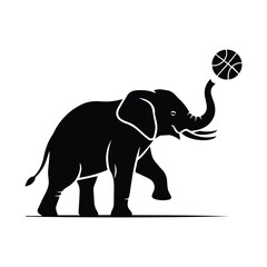 Elephant balancing a basketball on its trunk, an artistic black silhouette design. Vector, illustration