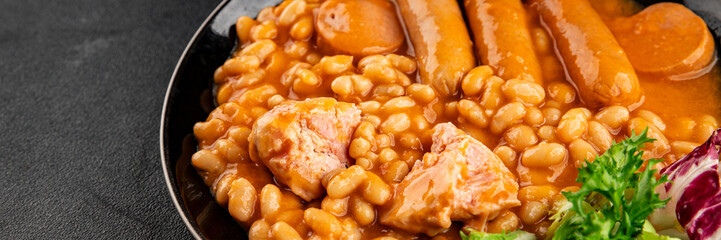 Casule meat with beans in sauce sausages, pork main course tasty snack fresh delicious gourmet food...