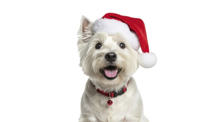 Obraz premium White West Highland Terrier dog wearing red Santa hat with collar and bell on a transparent background PNG image