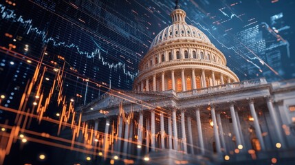United States capitol building with digital stock market graph overlay. Concept of government, finance, economy, and investment analysis. Global financial data.