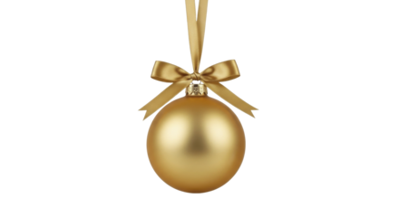 Golden Christmas ornament hanging by a satin ribbon bow on a transparent background PNG image