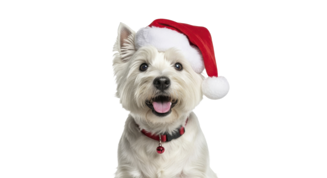 White West Highland Terrier dog wearing red Santa hat with collar and bell on a transparent background PNG image