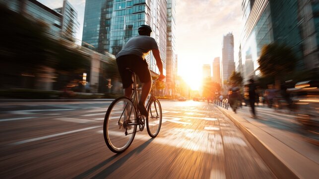 Man riding bicycle on urban road with sun flare. Commuter cycling in city at sunset, symbolizing active lifestyle and sustainable transportation. - Powered by Adobe