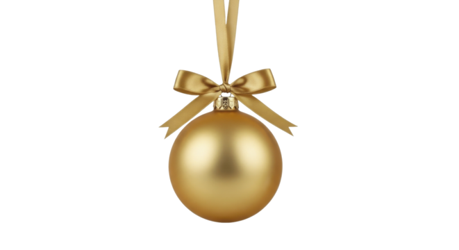 Golden Christmas ornament hanging by a satin ribbon bow on a transparent background PNG image