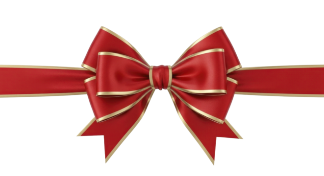  Christmas Red Ribbon Bow with Gold Trim on a transparent background, PNG image, PNG file