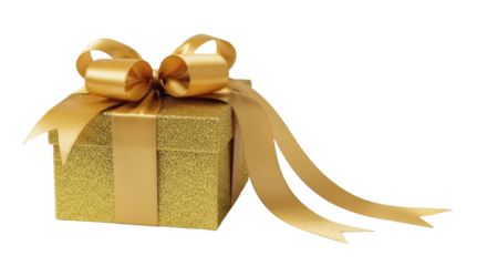 Glittering golden gift box with elegant satin bow and ribbon on a transparent background, PNG image, PNG file