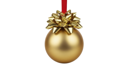 Golden Christmas egg ornament with metallic bow and red ribbon on a transparent background PNG image PNG file.